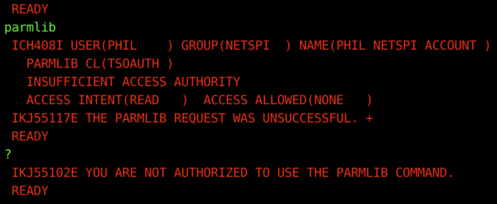 Image demonstrating the parmlib command cannot be run by my user