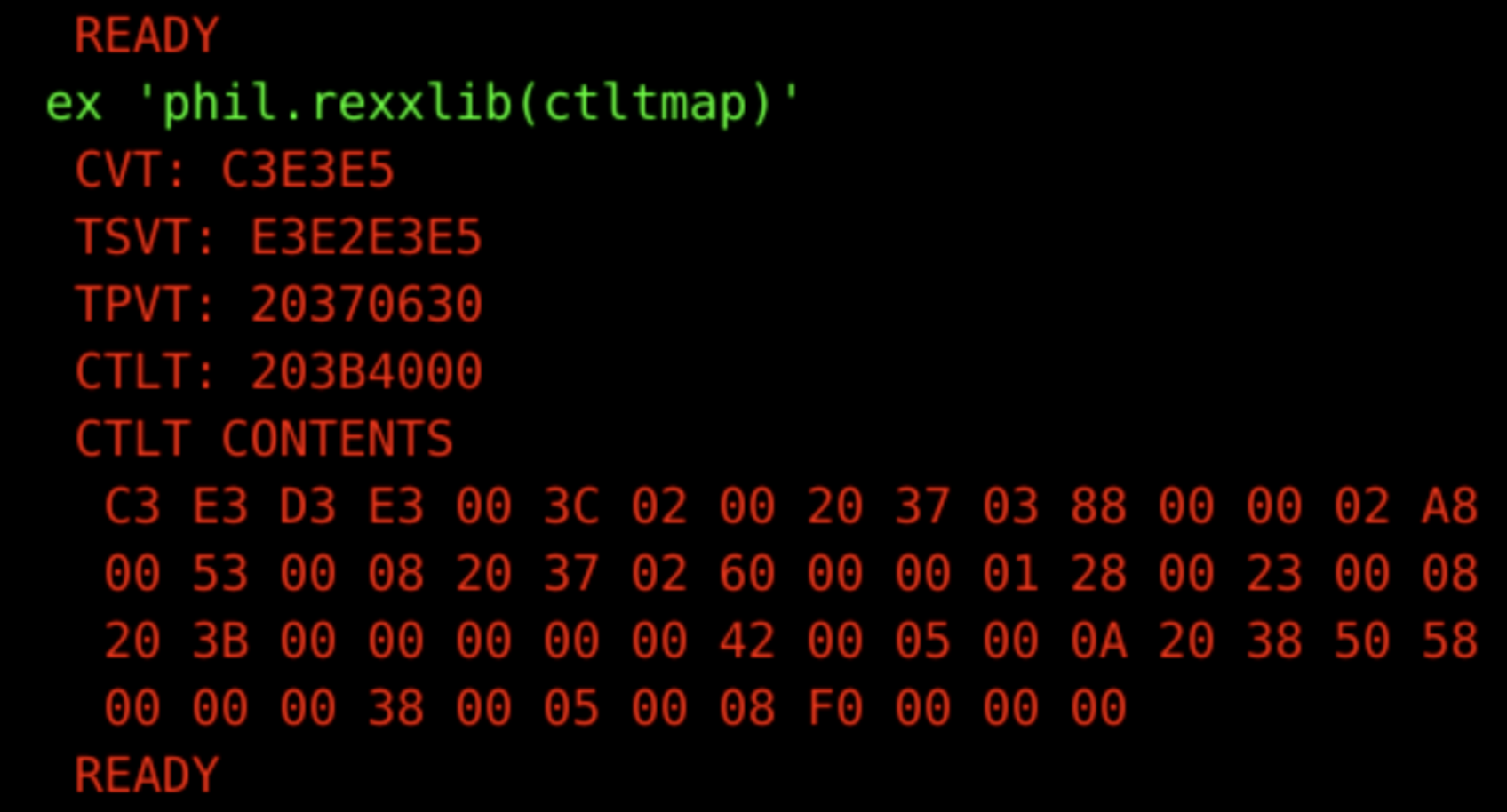 Screenshot showing the output of the above REXX script 