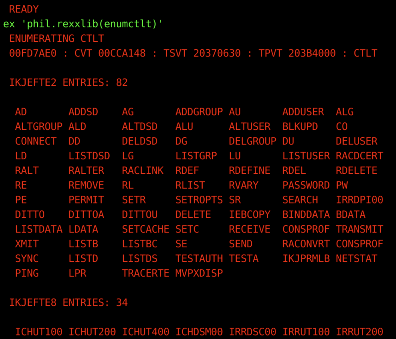 Screenshot showing the output from the updated REXX script 